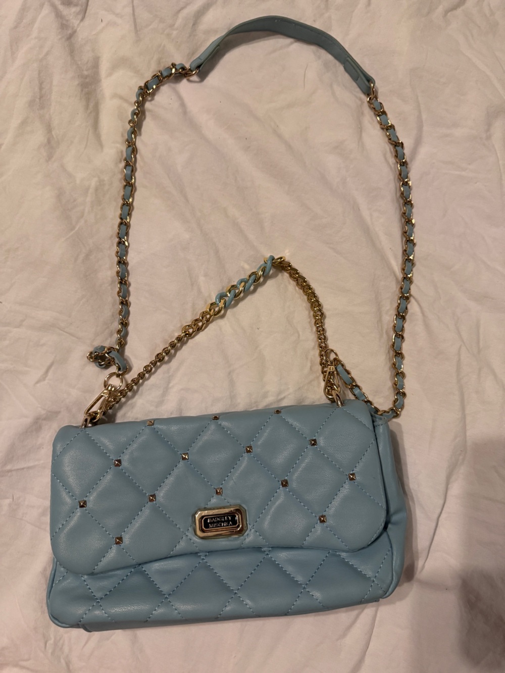 Badgley Mischka Light Blue Quilted Chain Crossbody Bag